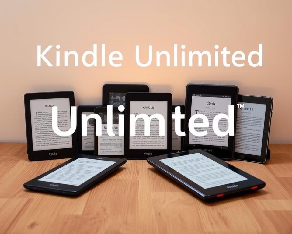 Una imagen bien iluminada y de alta resolución de varios dispositivos Kindle dispuestos sobre una superficie de madera, mostrando su compatibilidad con Kindle Unlimited. Los dispositivos incluyen las últimas tabletas Kindle Paperwhite, Kindle Oasis y Kindle Fire, cada una de ellas mostrada de forma destacada sobre un fondo limpio y minimalista. La iluminación es suave y difusa, creando una atmósfera cálida y acogedora que resalta el diseño elegante y moderno de los dispositivos. La composición es equilibrada, con los dispositivos colocados en una disposición visualmente atractiva, lo que permite al espectador reconocer y comprender fácilmente la gama de dispositivos compatibles con el servicio Kindle Unlimited.