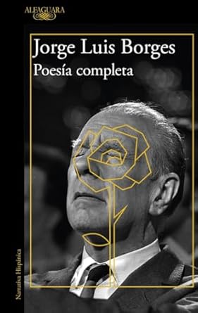 Portada de Poesía completa de Jorge Luis Borges con el autor en su biblioteca