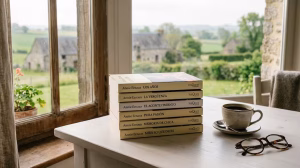 Libros de Annie Ernaux de la editorial Tusquets sobre una mesa minimalista con café.
