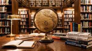 Globo terráqueo y libros de geopolítica en una biblioteca de madera